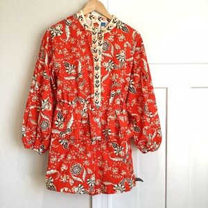 FARM Rio x Anthroplogie Long-Sleeve Printed Button-Front Romper Red Floral NEW